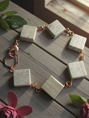 Gray Limestone Bracelet, Hexagon Chain in Rose Gold